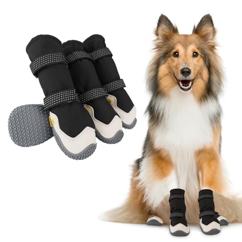 Dopoy Hundeschuhe, 4 Stück, Pfotenschutz, Kurzer Stil, Wasserdichte Hundeschuhe, Mit Rutschfester Gummisohle und Reflektierenden Riemen, Atmungsaktiv, Dog Shoes (Schwarz&Weiß, 5#) von Dopoy