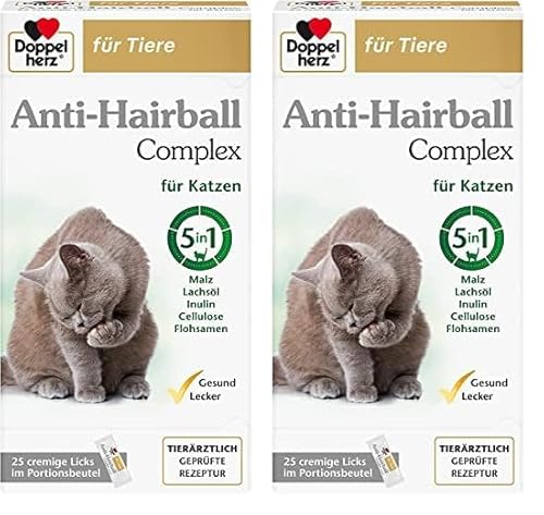 Doppelherz Anti-Hairball Complex für Katzen – Mit wertvollen Faserstoffen und Ölen zur Unterstützung der Verdauung bei Haarballen – 25 cremige Licks (Packung mit 2) von Doppelherz