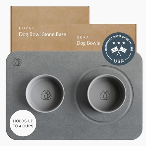 Dorai Home Hundenäpfe + Steinboden-Set - Moderne und stilvolle Haustier-Futterstation - Rutschfester, schnell trocknender Boden mit Kieselgur - Inklusive 2 Näpfen und Boden - Schiefer von Dorai