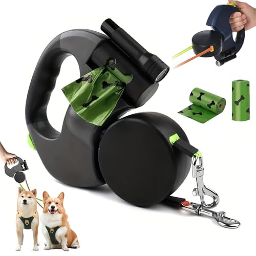 3M Rollleine Hundeleine mit Licht, Doppelte Hundeleine mit 2 Rolle Kotbeutel und Kotbeutelhalter, 360°-Drehgelenk ohne Verwicklungen, Ausziehbare Leine für kleine & mittelgroße Hunde 25kg (Black) von Doramier