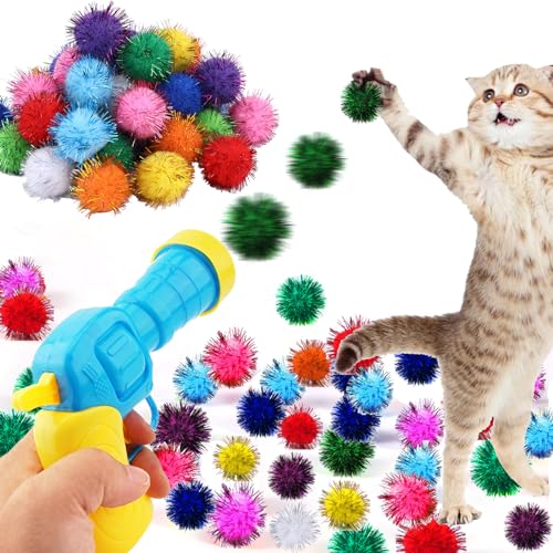 Dorhui Katzenspielzeug Pistolenwerfer, 30 Stück, glitzernde Pompom-Bälle für Katzen und Katzen, Ballwerfer, Katzenspielzeug für Indoor-Katzen, interaktive Glitzer-Bommelbälle für Kitty-Geschenke von Dorhui
