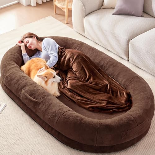 Menschliches Hundebett für Erwachsene, 180×122×25 cm,Riesiges Sitzsack-Bett mit Decke, Waschbares Kunstpelz Nap Oval Bett, Abnehmbares großes Memory Foam Menschliches Hundebett Braun von Dorifine