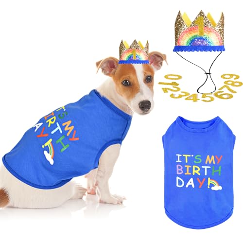 Hunde-Geburtstagshemd und -hut, Hunde-Geburtstags-Outfit, Partyzubehör, kleine Hundekleidung, It's My Birthday-Weste, Schild, Katzen-Geburtstagshut (Geburtstagsset, Größe M) von Dosuyi