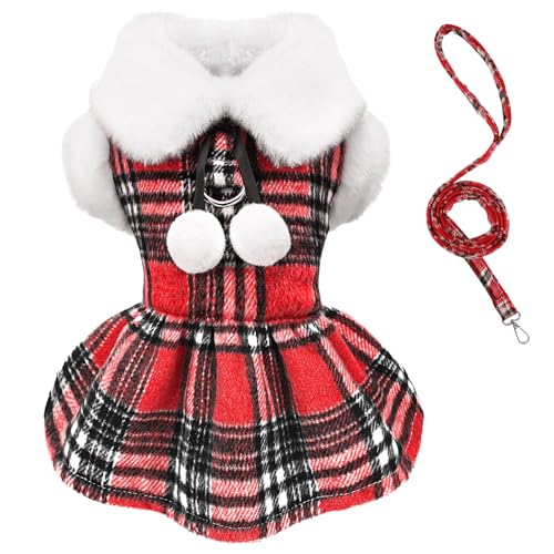 Kariertes Hundegeschirr, Kleid und Leine, Fleece-Welpenpullover für kleine Hunde und Mädchen, warme Winterkleidung mit D-Ring, rotes Haustier-Katzen-Outfit, Haustierkleidung (Rot, Größe XXS) von Dosuyi