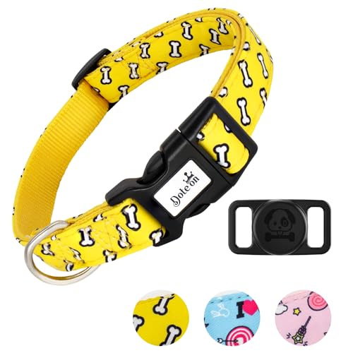 Dote on AirTag Nylon-Hundehalsband, weich, stilvoll, bedruckt, GPS, verstellbar, langlebig, mit AirTag-Halterung für kleine, mittelgroße und große Hunde (XS (20,3 cm Länge, 1,9 cm Breite), Gelb von Dote on