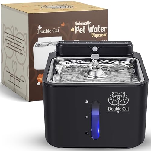 Double Cat™ Wasserbrunnen für Hunde und Katzen, automatisch, 3,061.7 g/3,2 l, intelligente Haustiererkennung, kabellos, leiser Betrieb, LED-Lichtanzeigen und mehrschichtige Filtration – frische, von Double Cat