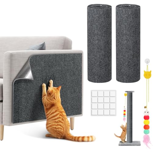 2 Pcs Kratzmatte Selbstklebend, mit interaktivem Feder-Spielzeug für Katzen, 16 Aufkleber, schneidbarer Kratzschutz Sofa Katze für Möbel, DIY Kletter-Kratzpfosten, Katzenturmregale (100 cm x 40cm) von DoubleCare