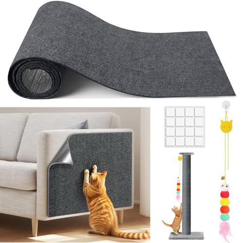 Kratzmatte Selbstklebend, mit interaktivem Feder-Spielzeug für Katzen, 16 Aufkleber, schneidbarer Kratzschutz Sofa Katze für Möbel, DIY Kletter-Kratzpfosten, Katzenturmregale (100 cm x 40cm) von DoubleCare