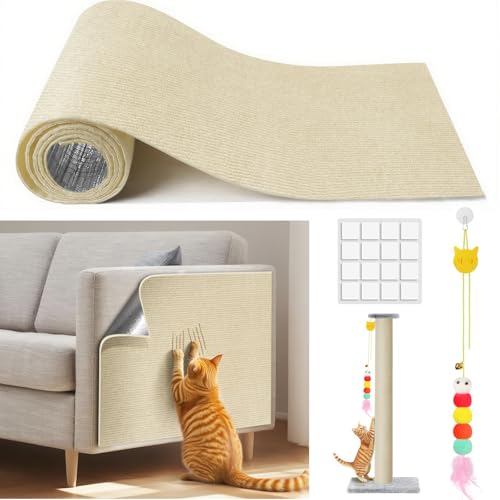 Kratzmatte Selbstklebend, mit interaktivem Feder-Spielzeug für Katzen, 16 Aufkleber, schneidbarer Kratzschutz Sofa Katze für Möbel, DIY Kletter-Kratzpfosten, Katzenturmregale (100 cm x 40cm) von DoubleCare