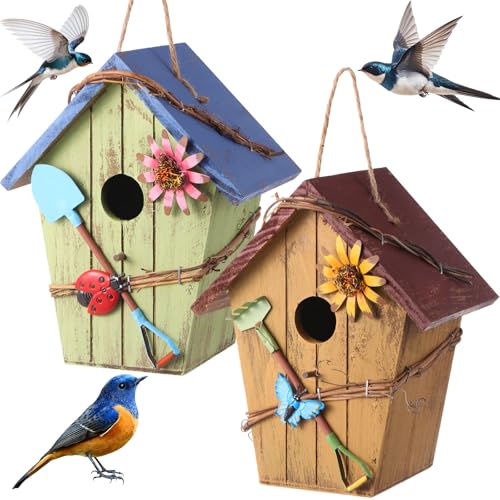 DoubleFill 2 Stück dekoratives Vogelhaus für den Hof draußen hängende Vogelhäuser aus Holz, handbemalte Vogelbox für Vogelliebhaber, Blauvögel, Baum, Schwalbe, Finken, Wildvögel, Zaunkönig, Küken, DoubleFill 2 Stück dekoratives Vogelhaus für den Hof draußen hängende Vogelhäuser aus Holz, handbemalte Vogelbox für Vogelliebhaber, Blauvögel, Baum, Schwalbe, Finken, Wildvögel, Zaunkönig, Küken, von DoubleFill