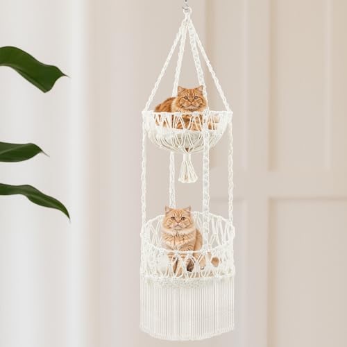 DoubleFill Doppelstöckige Makramee-Katzen-Hängematte mit Kissen, Boho-Hängebett, Schaukel, Katzenbaum, Türhänger zum Spielen, Schlafen, Klettern und Faulenzen von DoubleFill