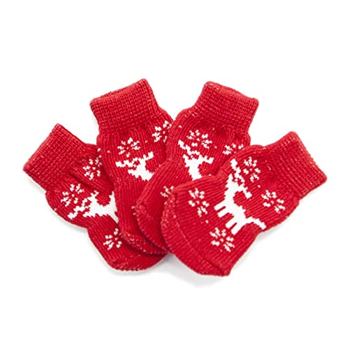 Antirutschsocken Hunde Socken 4-teilige Hundesocken Sockenschutz Anti-Rutsch-Hundesocken Anti-Rutsch-Socken Pfotenset Welpensocken mit Clip Hund Indoor Hund Haustierzubehör Tierschlappen (RED B-C, M) von Doublehero