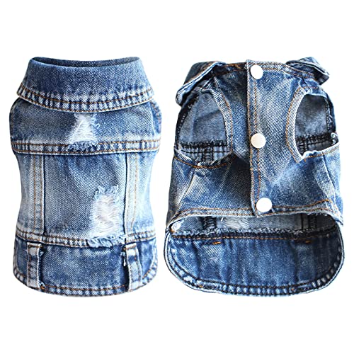 Hunde Jacke Demin Weste Coole Hundemantel Hundekleidung Rundhals Jumpsuit Jeans Westen für Kleine Mittlere Hunde Katzen Welpen Sommer Loch Denim T-Shirt Casual Jean Jacke von Doublehero (XS, C) von Doublehero