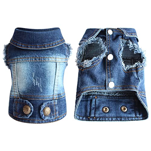Hunde Jacke Demin Weste Coole Hundemantel Hundekleidung Rundhals Jumpsuit Jeans Westen für Kleine Mittlere Hunde Katzen Welpen Sommer Loch Denim T-Shirt Casual Jean Jacke von Doublehero (XXL, D) von Doublehero