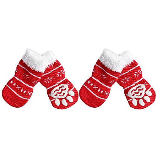 Hundesocken Anti Rutsch Socken Socken Welpensocken mit Clip Socken Indoor Set Anti-Rutsch-Socken Hund Hund Anti-Rutsch-Socken Hundeschutzpfote Hund 4-teilig Haustierzubehör Hausschuhe (RED A #3, S) von Doublehero