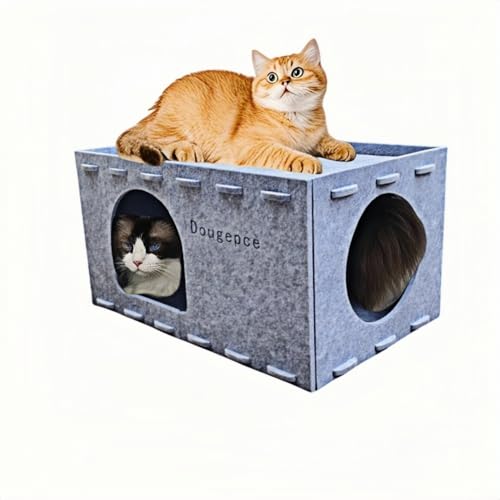 Dougepce Katzenhaus für Hauskatzen, Katzenhöhlenbett für mehrere Katzen bis zu 10 kg, 2-stöckig, großes Spiel- und Schlafhaus, kratzfest, Peekaboo Katzenhöhlen (grau) von Dougepce
