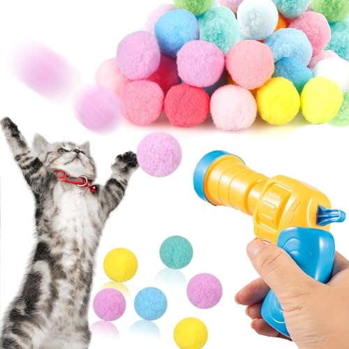 DouxiE Katzenspielzeug, Kätzchenspielzeug, interaktive Katzenspielzeugbälle for Hauskatzen, Katzenball-Werfer-Shooter und 140 Pom-Pom-Bälle, Katzenspielzeug-Set for Training und Spielen von DouxiE