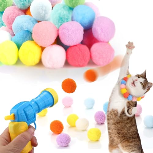DouxiE Katzenspielzeug-Ballwerferpistole, Katzen-Fetch-Spielzeugpistolen-Shooter, Plüschball-Schießpistole mit 40 Pom-Pom-Bällen, interaktives Spielzeug for Katzen im Innenbereich von DouxiE