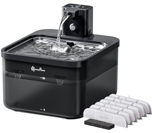 DownyPaws 2.5L Trinkbrunnen für Katze Kabellos, Katzenbrunnen Kabellos mit Bewegungsmelder und Batteriebetrieben, 4000mAh, Leise Wasserpumpe, Tablett aus Edelstahl für Katze, Schwarz mit 6 Filters von DownyPaws
