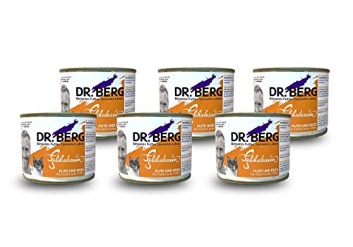 Dr. Berg FELIKATESSEN Pute & Ente: getreidefreies, hypoallergenes Nassfutter für Katzen - 75% Fleischanteil - extra verträglich und lecker durch natürliche, hochwertige Zutaten (6 x 200 g) von Dr. Berg