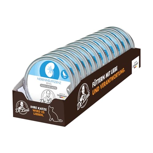 Dr. Link Spezial-Diät Katzenfutter für Katzen und Kater, Nieren, Proteinquelle Huhn & Lachs – Premium-Diät-Alleinfuttermittel, mit Omega-3 Fettsäuren, Unterstützung der Nierenfunktion – 12x85g Schale von Dr. Link VET PETCARE