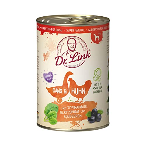 Dr. Link® SUPER Natural 6x400g Premium-Nassfutter für Hunde: Gans und Huhn mit Topinambur, Blattspinat und Acaibeeren | getreidefrei | Superfoods von Dr. Link VET PETCARE