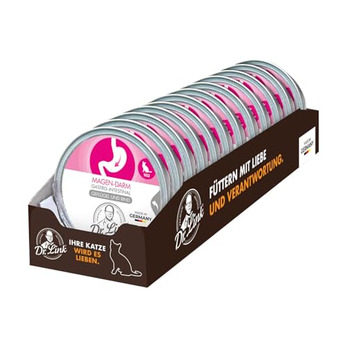 Dr. Link Spezial-Diät Katzenfutter für Katzen & Kater Proteinquelle Geflügel & Rind – Magen, Darm, Verdauung - leicht verdaulich, unterstützt Darmflora & Bauchspeicheldrüse – 12x85g Schale von Dr. Link VET PETCARE