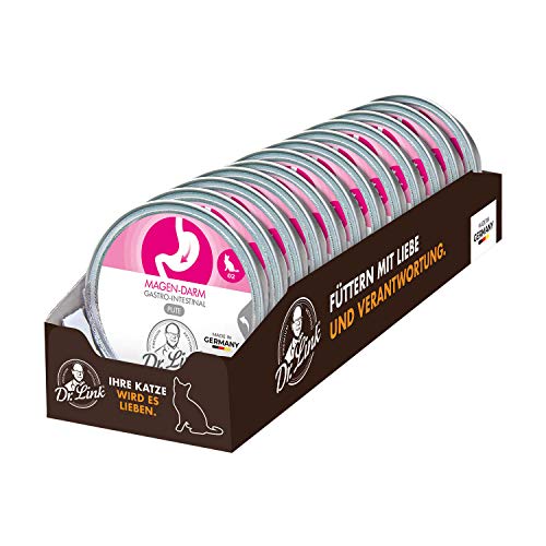 Dr. Link Spezial-Diät Katzenfutter für Katzen & Kater Proteinquelle Pute – Magen, Darm, Verdauung - leicht verdaulich, unterstützt Darmflora & Bauchspeicheldrüse – 12x85g Schale von Dr. Link VET PETCARE