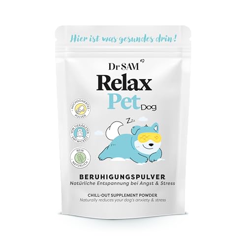 Dr. SAM Premium Anti-Stresspulver für Hunde - RelaxPet als natürliches Beruhigungsmittel für Entspannung bei Angst & Stress - Ruhe beim Reisen und besonderen Anlässen - hochdosiert - 45g von Dr. SAM