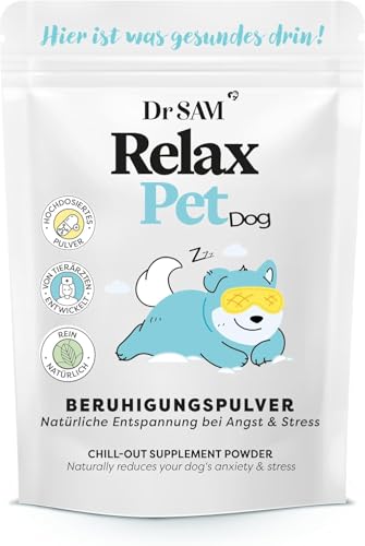 Dr. SAM Premium Anti-Stresspulver für Hunde - RelaxPet als natürliches Beruhigungsmittel für Entspannung bei Angst & Stress - Ruhe beim Reisen und besonderen Anlässen - hochdosiert - 90g Dr. SAM Premium Anti-Stresspulver für Hunde - RelaxPet als natürliches Beruhigungsmittel für Entspannung bei Angst & Stress - Ruhe beim Reisen und besonderen Anlässen - hochdosiert - 90g von Dr. SAM