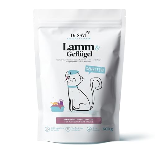 Dr. SAM Premium Trockenfutter für ausgewachsene Katzen - Lamm & Geflügel Alleinfuttermittel mit Reis und Kartoffeln fördert Zahnpflege und gesundes Fell - Gluten-& getreidefrei - Dry cat Food - 600g von Dr. SAM