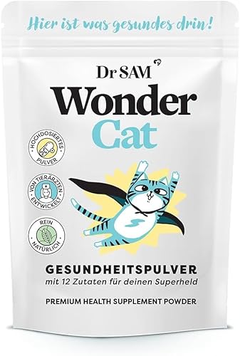 Dr.SAM WonderCat - Gesundheitspulver für Katzen- Hochdosierte Nahrungsergänzung für Gelenke, Darm, Stress, Zähne, Haut und Fell, 100% pflanzliche Rundumversorgung, Made in Germany, 90g von Dr. SAM