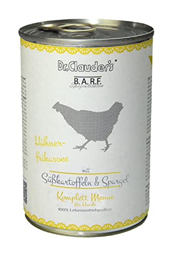 DR.CLAUDER'S - B.A.R.F. Komplett Menue Hühnerfrikassee | Fleischeintopf mit 100% Muskelfleisch, Innereien und Gemüse für ausgewachsene Hunde. Alleinfutter in der Dose | 400g Huhn von Dr.Clauder´s