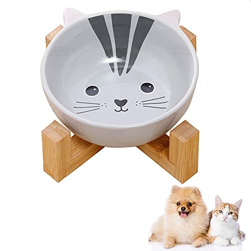 Dracol Katzennäpfe Keramik mit Bambus Ständer, Erhöhte Katzennäpfe für Futter und Wasser,Keramik Hundenapf Futternapf,niedliches Cartoon -Design,Futterstation (B) von Dracol