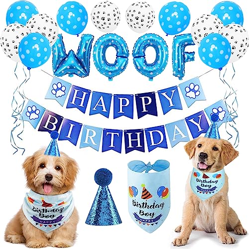 Hund Geburtstagsfeier Dekoration mit Hundehalstuch, Hund Geburtstag Bandana Hut Banner Set, WOOF Luftballons Alles Gute zum Geburtstag Banner Paw Print Luftballons für Haustier Dekorationen (Blau) von Dream HorseX