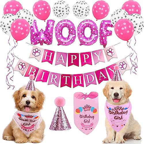 Hund Geburtstagsfeier Dekoration mit Hundehalstuch, Hund Geburtstag Bandana Hut Banner Set, WOOF Luftballons Alles Gute zum Geburtstag Banner Paw Print Luftballons für Haustier Dekorationen (rosa) von Dream HorseX
