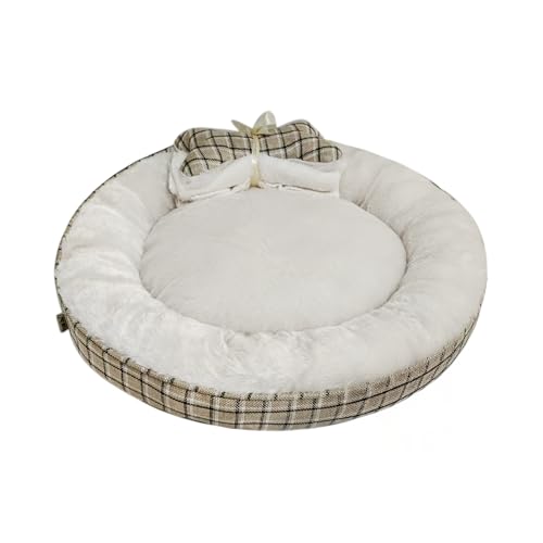 Dream Paws Haustier-Donut-Bett mit passender Decke, rundes Plüsch-Hundebett aus Kunstleinen für kleine Rassen und Katzen, waschbar, neutrales Karomuster, 56 x 56 x 12 cm Dream Paws Haustier-Donut-Bett mit passender Decke, rundes Plüsch-Hundebett aus Kunstleinen für kleine Rassen und Katzen, waschbar, neutrales Karomuster, 56 x 56 x 12 cm von Dream Paws