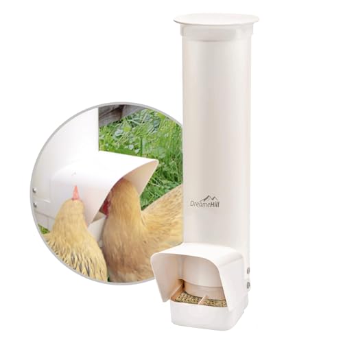 DreameHill Automatischer Hühnerfutterautomat, 3,2 kg großer PVC-Geflügel-Futterspender mit Regenschutz, kein Abfall-Design, einfach zu installieren und zu reinigen, UV-beständig, Hühnerstall-Zubehör von DreameHill