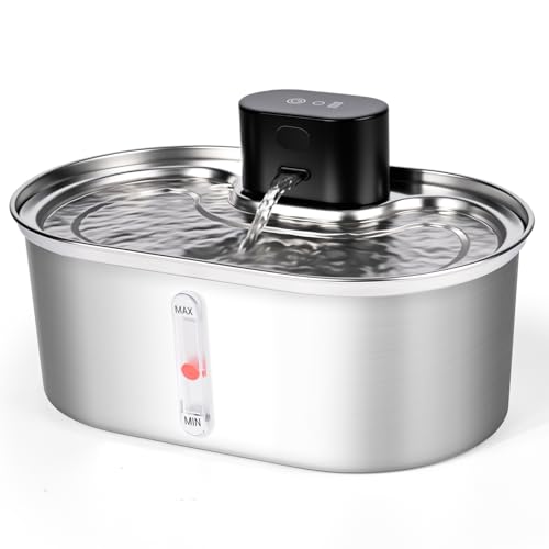 Dreamhigh® 3.5L Katzenbrunnen Kabellos, 5000 mAh Edelstahl Trinkbrunnen für Katze Kabellos mit Bewegungsmelder, Zwei Wasserauslassmodi, Wasserbrunnen für Katzen, für Katze und Kleine Hunde von Dreamhigh