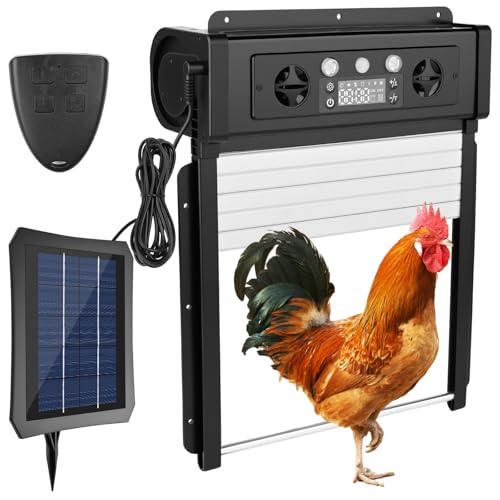 Dreamhigh® Hühnerklappe Solar Mit LCD-Anzeige, Automatische Hühnerklappe Mit Timer & Lichtsensor, Wetterfeste Hühnerklappse Mit Fernbedienung Und Klemmschutz Für Den Stall, Zur Hühnerstall von Dreamhigh