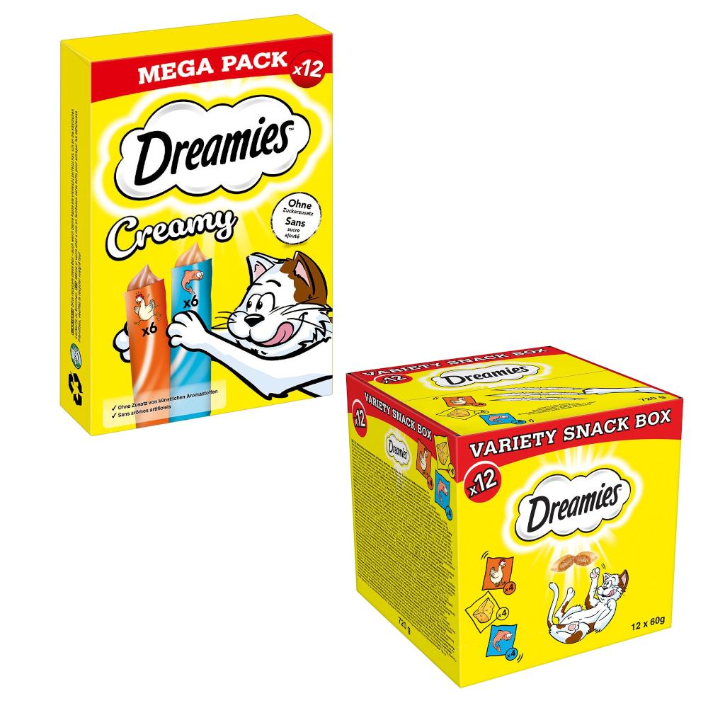 Dreamies Creamy Snacks + Variety Box zum Sonderpreis! - 12 x 10 g Huhn & Lachs + 12 x 60 g Mixbox (Huhn, Käse, Lachs) von Dreamies