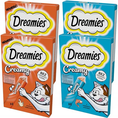 Dreamies Katzenleckerlis Creamy Snacks mit Lachs und Huhn Set mit 4 Packungen (16 Portionen à 10g) von Dreamies