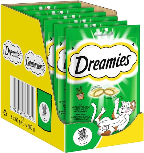 Dreamies Katzensnacks Catnip mit Katzenminze Geschmack, 6er Pack, 6x60g – Außen knusprige & innen cremige Katzenleckerlis von Dreamies