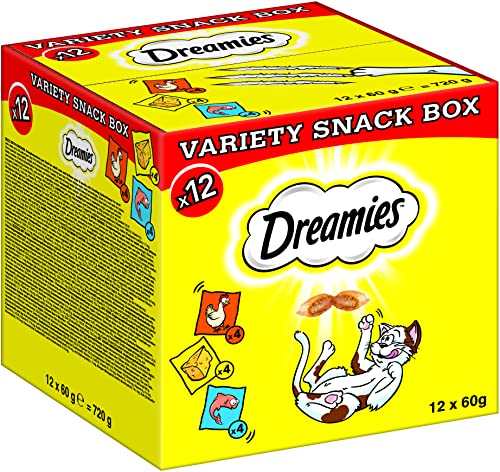 Dreamies Katzensnacks mit Huhn–, Käse– und Lachsgeschmack, 12x60g (1 Variety Snack Box) – Außen knusprige & innen cremige Katzenleckerlis in verschiedenen Geschmacksrichtungen von Dreamies