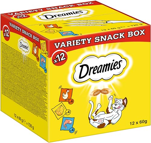 Dreamies Katzensnacks mit Huhn–, Käse– und Lachsgeschmack, 12x60g (1 Variety Snack Box) – Außen knusprige & innen cremige Katzenleckerlis in verschiedenen Geschmacksrichtungen von Dreamies