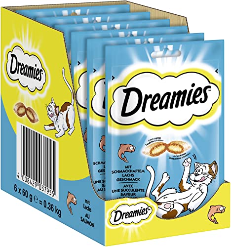 Dreamies Klassiker Katzensnacks mit Lachs – Traumhaft knusprige Taschen mit zarter Füllung – 6 x 60g von Dreamies