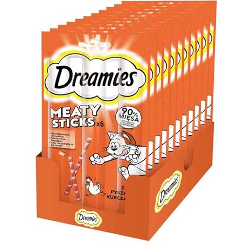 Dreamies Meaty Sticks Katzensnack mit Huhn Belohnung für verspielte Samtpfoten 14 x 30g (14 x 6 Stück) von Dreamies