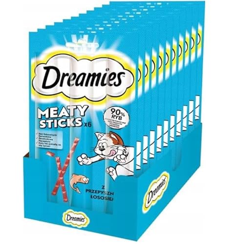 Dreamies Meaty Sticks Katzensnack mit Lachs Belohnung für verspielte Samtpfoten 14 x 30g (14 x 6 Stück) von Dreamies