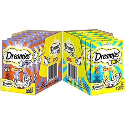 Dreamies Mix Katzensnacks mit Huhn & Ente – Außen knusprig & innen cremig – 6 x 60g & Mix Katzensnacks mit Lachs Geschmack & Käse – Außen knusprig & innen cremig – 6 x 60g von Dreamies