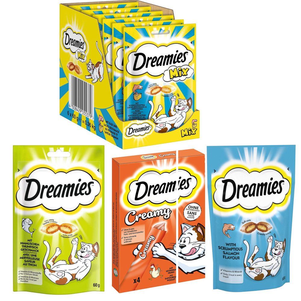 Dreamies Snacks zum Sonderpreis! - 12 x 10 g Creamy Huhn + 2 x 60 g Lachs & Käse + 2 x 60 g Klassik Thunfisch + 2 x 60 g Klassik Lachs von Dreamies